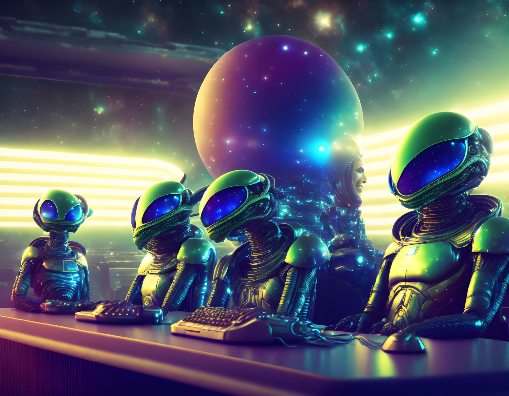 Four stylized robots or aliens in a futuristic bar setting with neon lights and a planet backdrop