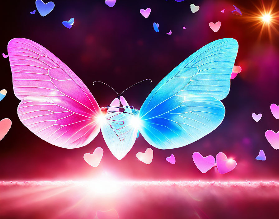 Colorful butterfly digital art with hearts on starry background