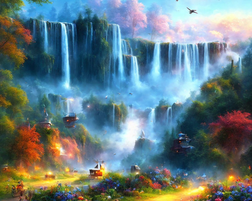 Majestic waterfall in vibrant fantasy landscape