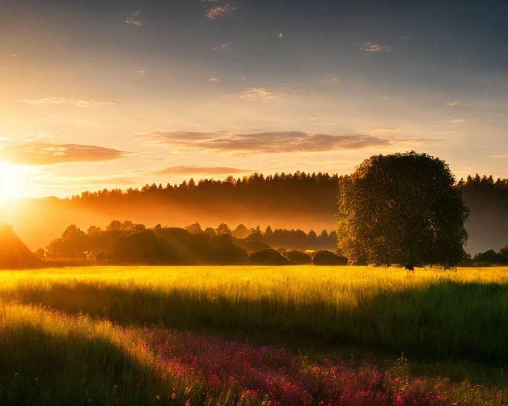 Tranquil meadow at sunset with vibrant wildflowers and solitary tree.