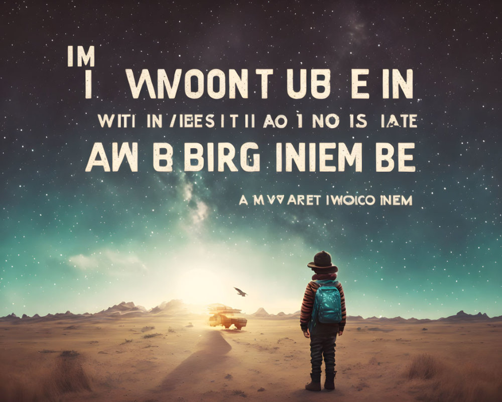 Person in desert views flying car and letters in sky