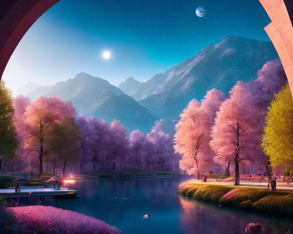 Tranquil Fantasy Landscape with Pink Foliage, Calm Lake, Mountains, and Two Mo