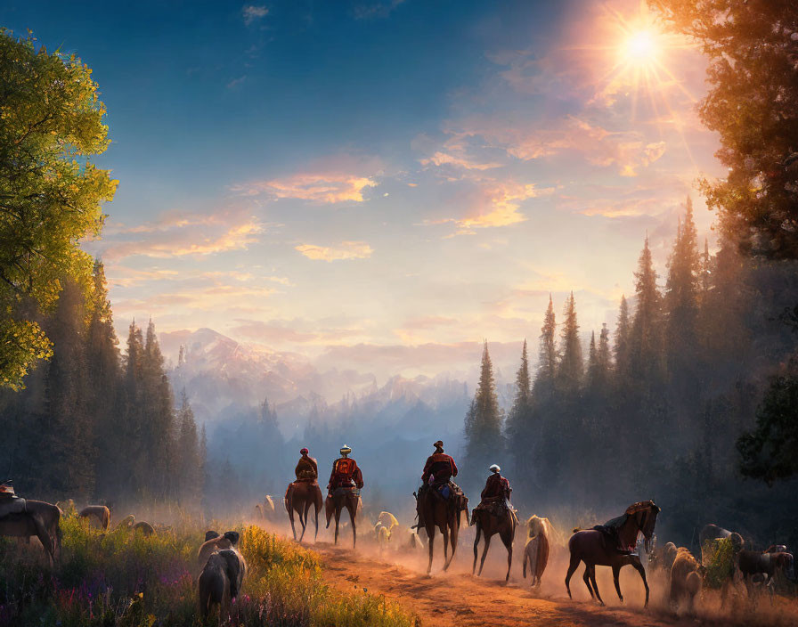 Cowboys herding cattle on dusty trail in sunlit forest with mountains.