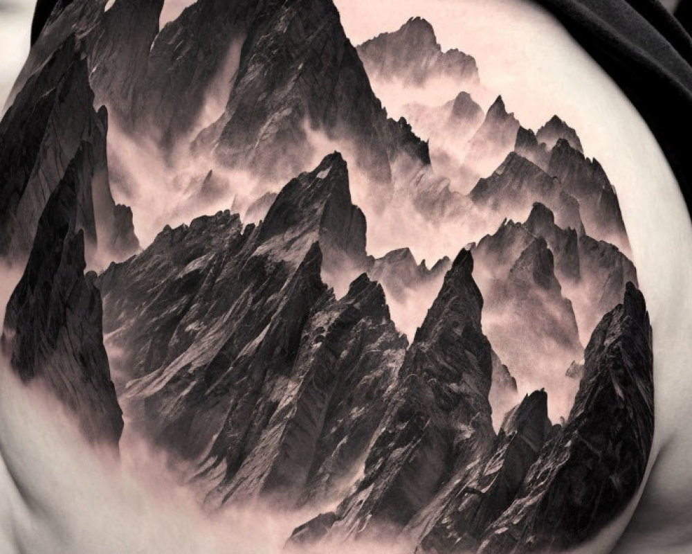 Detailed Mountain Range Tattoo on Curved Body: Illusion of Dimension with Peaks and Shadows