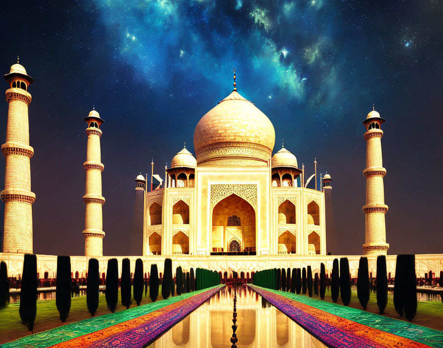 Iconic Taj Mahal Night View with Starry Sky and Reflecting Pool