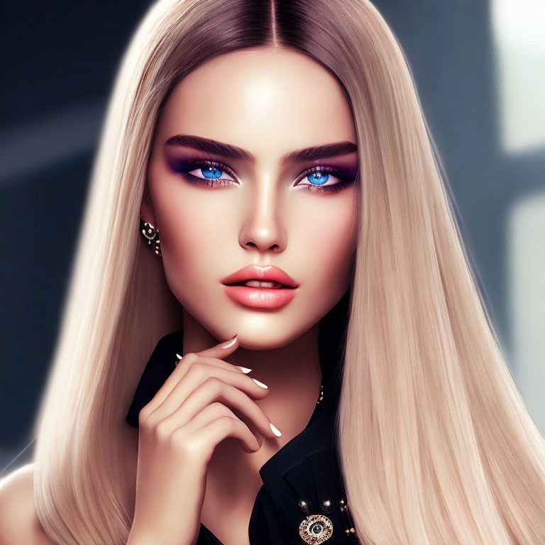 Digital illustration of woman with long blonde hair and blue eyes in dark attire