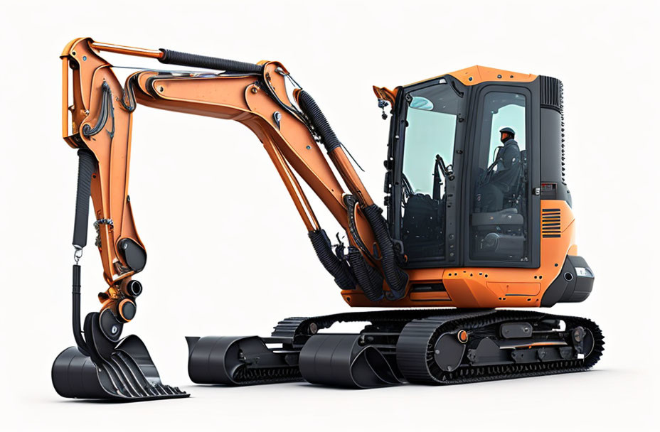 Compact orange mini excavator with metal arm and bucket on treads and clear cabin.