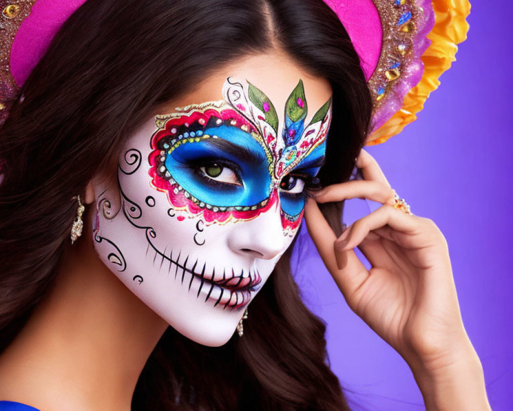 Colorful Day of the Dead skull makeup on woman with floral headpiece on purple background