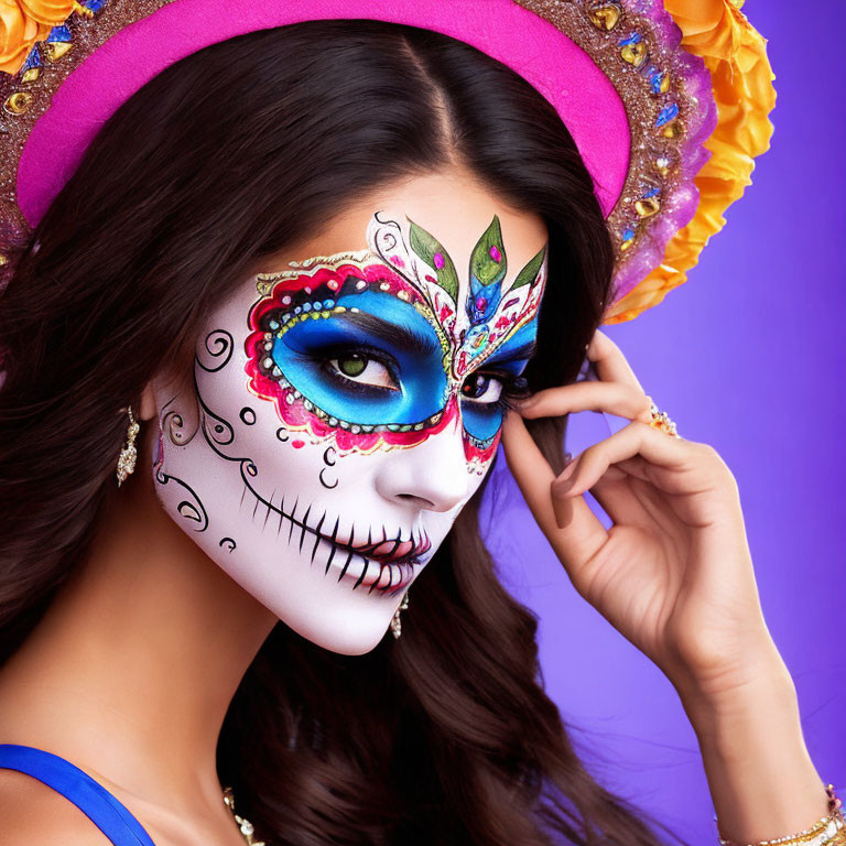 Colorful Day of the Dead skull makeup on woman with floral headpiece on purple background