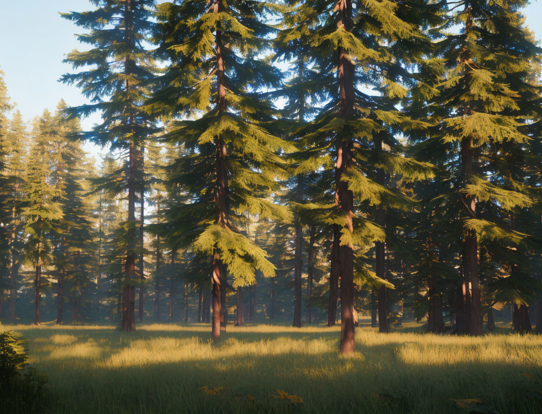 Serene Forest Scene: Tall Pines, Sunlight, Shadows