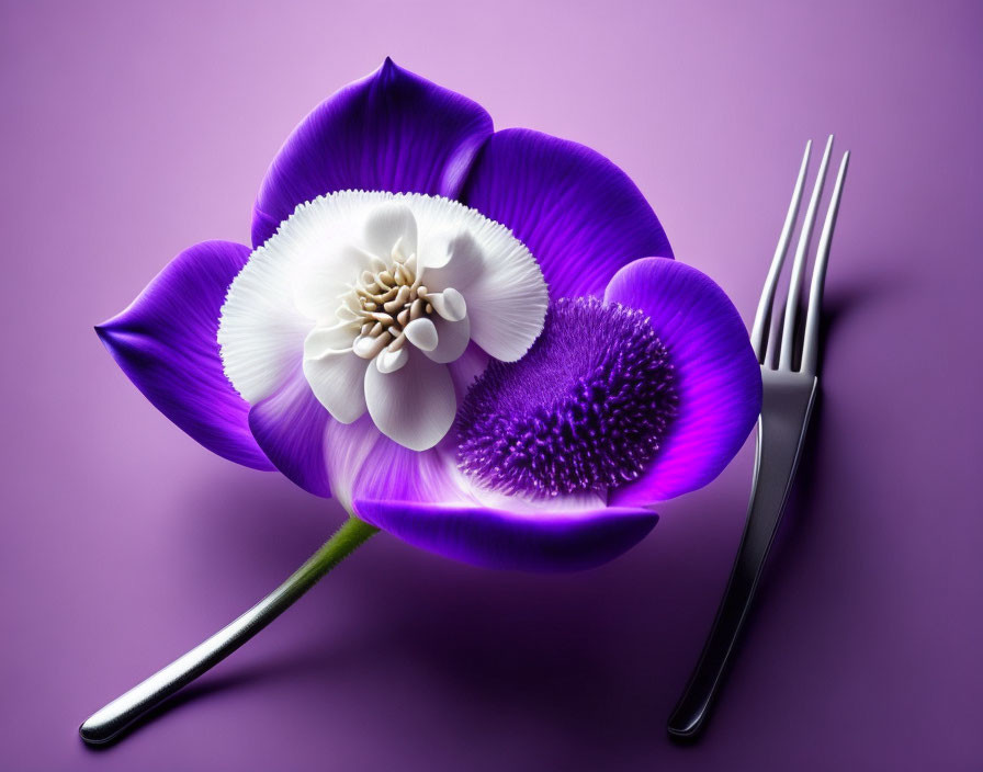 Digitally altered image of fork and knife with petal-like elements and vibrant purple flower