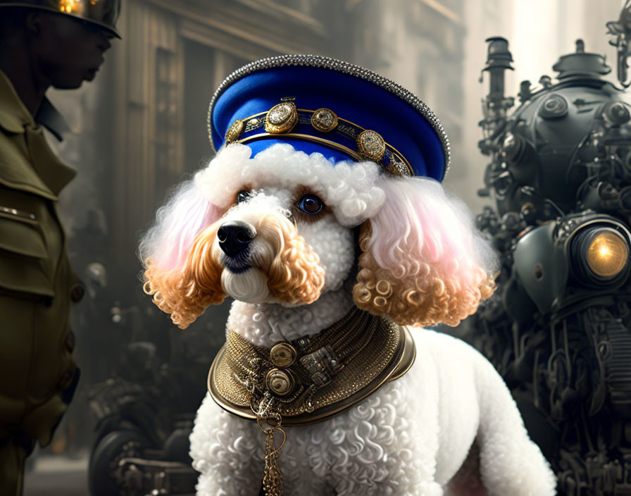 Poodle in Military Uniform with Robots in Steampunk Setting