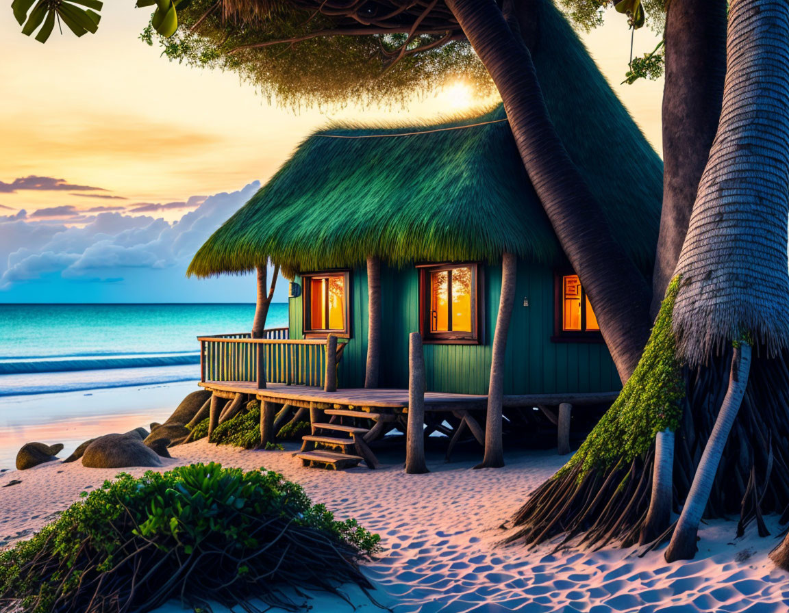 Beachfront hut with thatched roof at sunset among palm trees