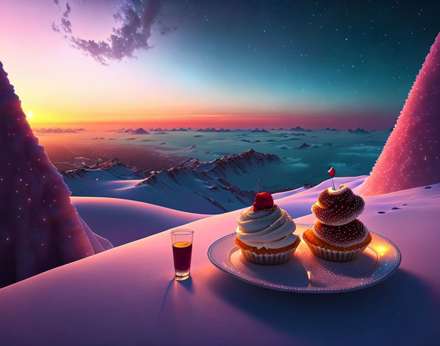 Winter scene: Cupcakes and drink on snowy overlook with sunset and starry sky