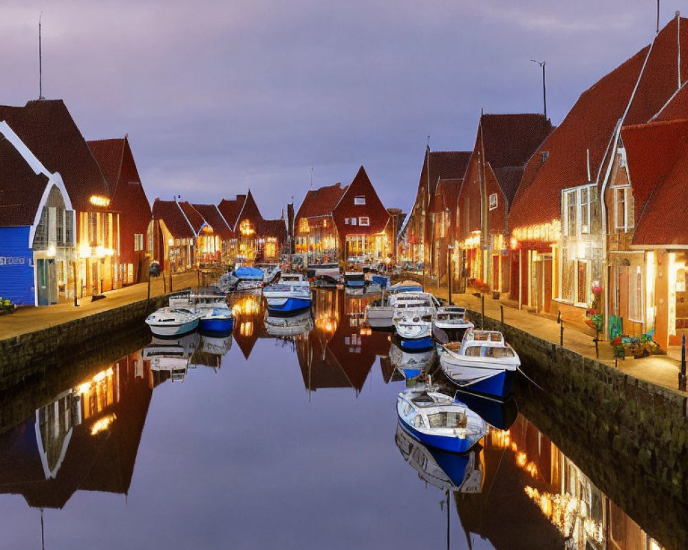 Calm Canal at Twilight with Red-Roofed Buildings and Boats