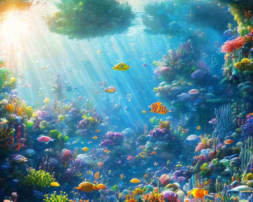 Vibrant coral reef with yellow and striped fish in sunlight