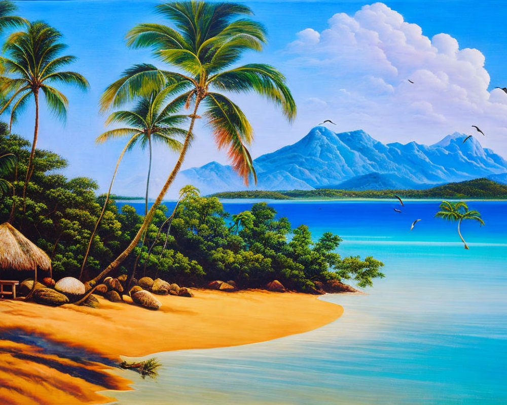 Scenic tropical beach painting with palm trees, thatched hut, clear blue water, sandy shore,
