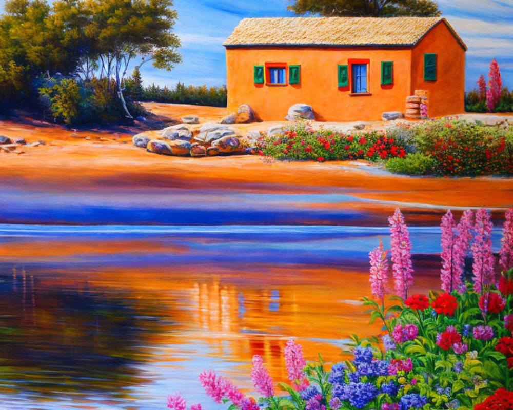 Colorful painting of rustic house with red windows, trees, water reflection, and flowers.