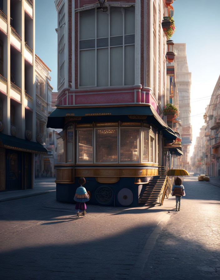 Children near vintage tram diner in sunny city street.