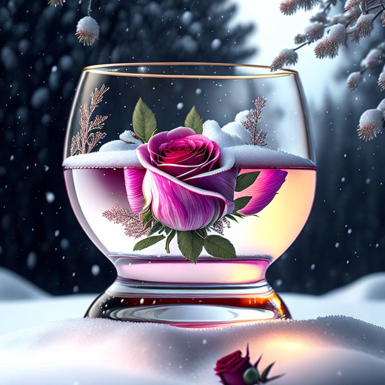 Pink rose in glass surrounded by snowflakes on winter night