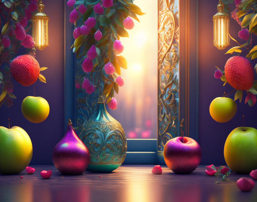 Vibrant fruits and vase on table with ornate window backdrop