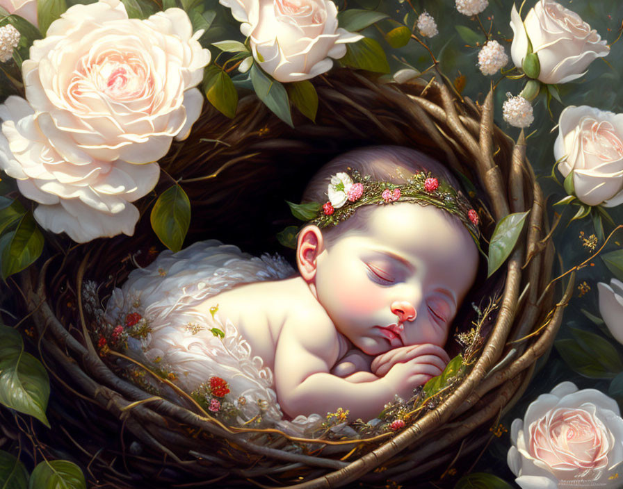 Infant Sleeping in Nest with Floral Crown Among Flowers