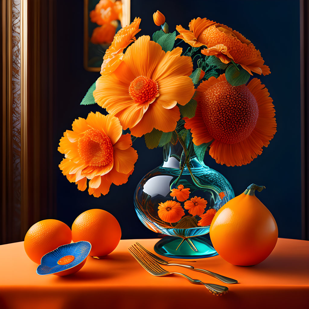 Colorful Still Life with Orange Flowers, Blue Vase, Oranges, Blue Flower, and Golden