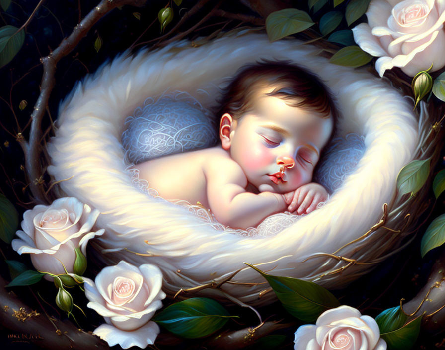 Peaceful sleeping baby cradled by feathers and roses.