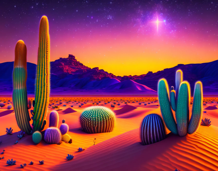 Twilight desert landscape with cacti, sand dunes, purple skies, and shining star