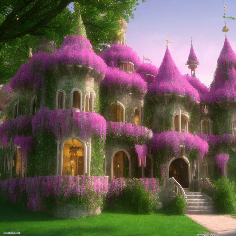 Stone castle draped in purple wisteria in sunlit forest
