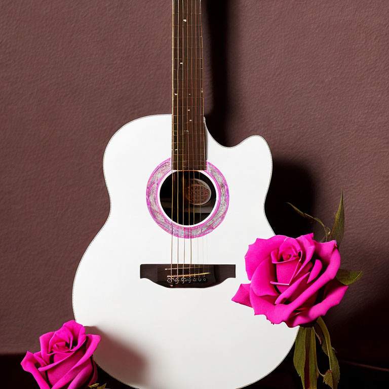 White Acoustic Guitar with Pink Decorative Patterning and Roses on Dark Background
