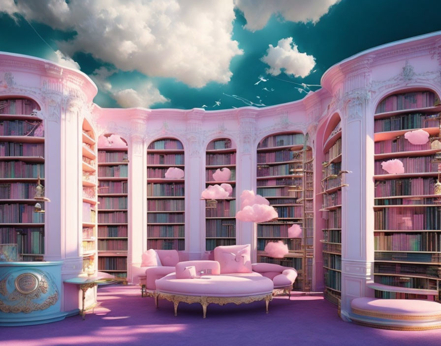 Pink-themed ornate library with plush sofas, bookshelves, floating clouds, and whimsical sky