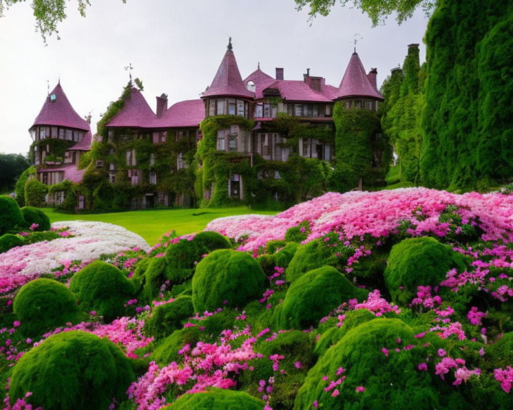 Stunning historic mansion with lush gardens and pink flowers
