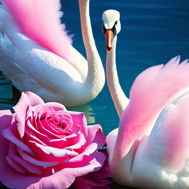 Swans in blue water with pink rose close-up.