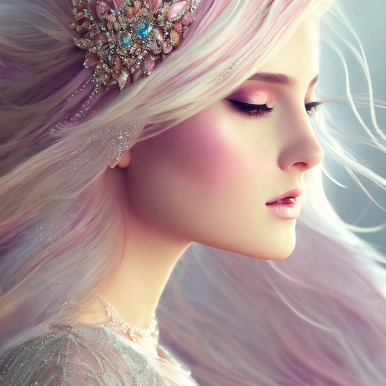 Ethereal fantasy portrait of a woman with pastel pink hair and glittering accessories