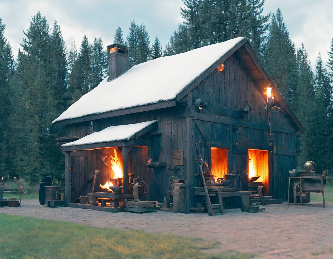 Snow-covered rustic blacksmith shop in forest with warm glowing fires and old metalworking tools