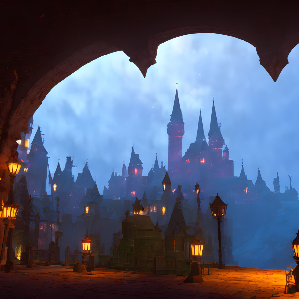 Medieval town at dusk with glowing lanterns and silhouetted spires.