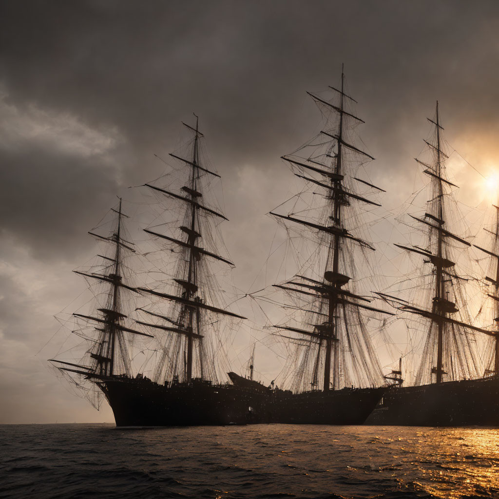 Tall ship with multiple masts sailing under dramatic sky