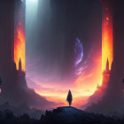 Figure in front of grand portal in surreal landscape with pillars, light, and debris.