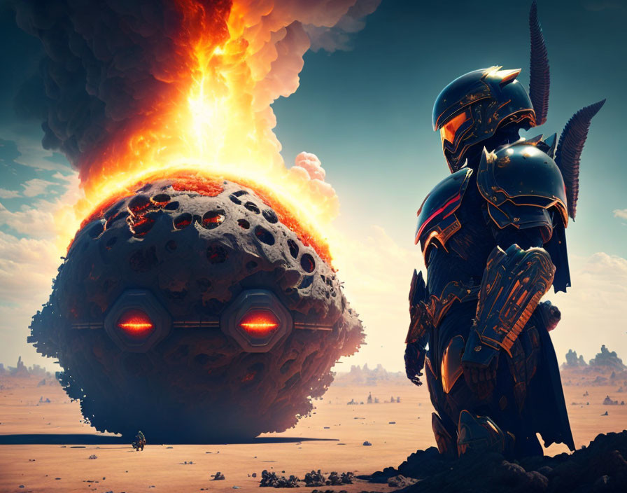 Armored figure in futuristic landscape with celestial explosion