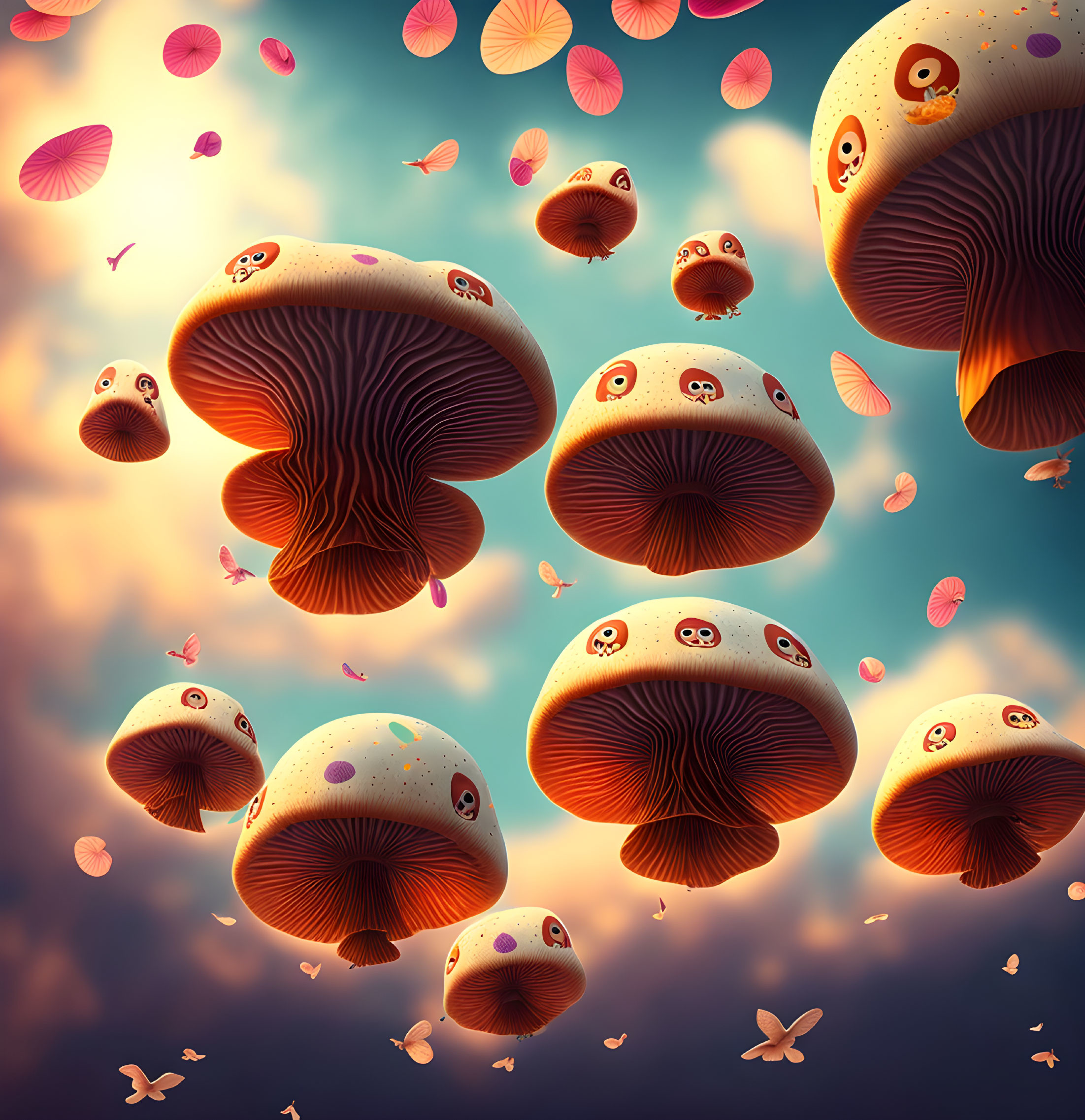 Mushroom owls flying in outer space 