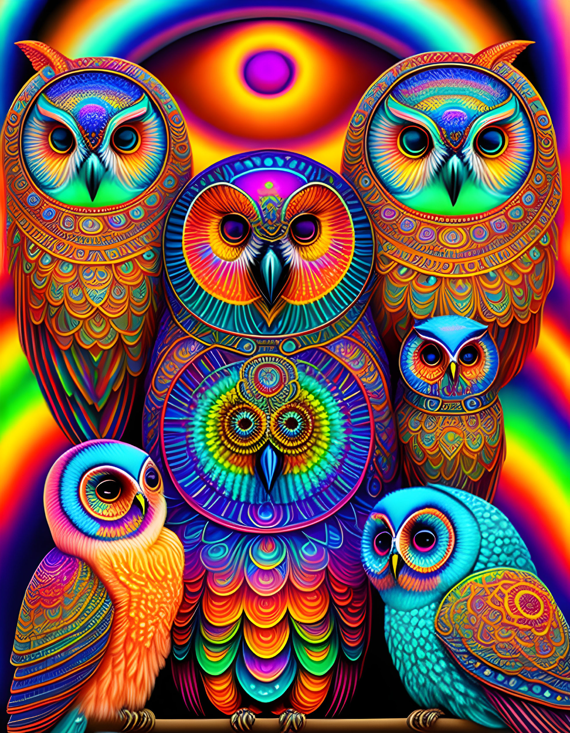 Owl family psychedelic in space 