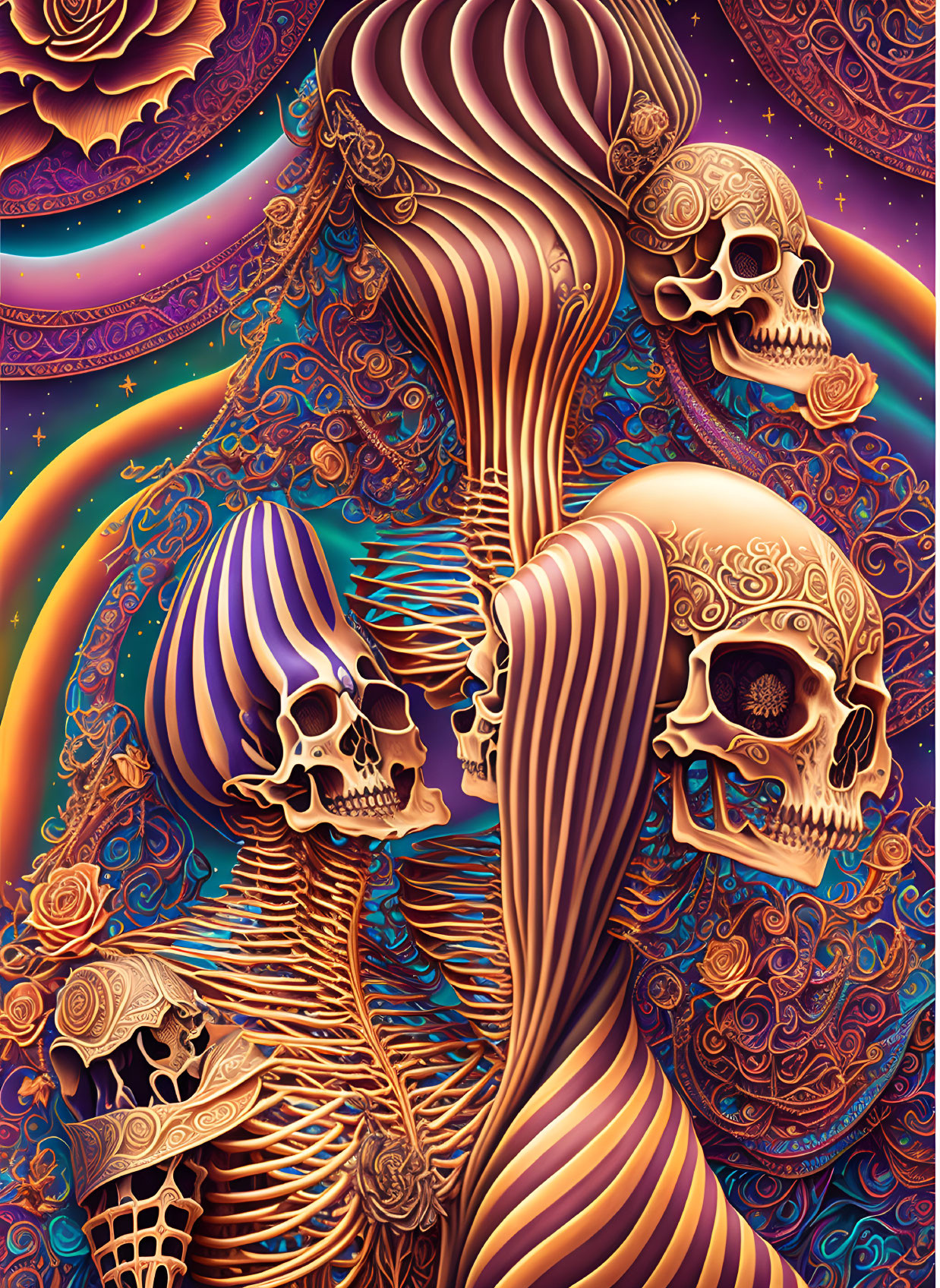 Skeleton faces in psychedelic colors 