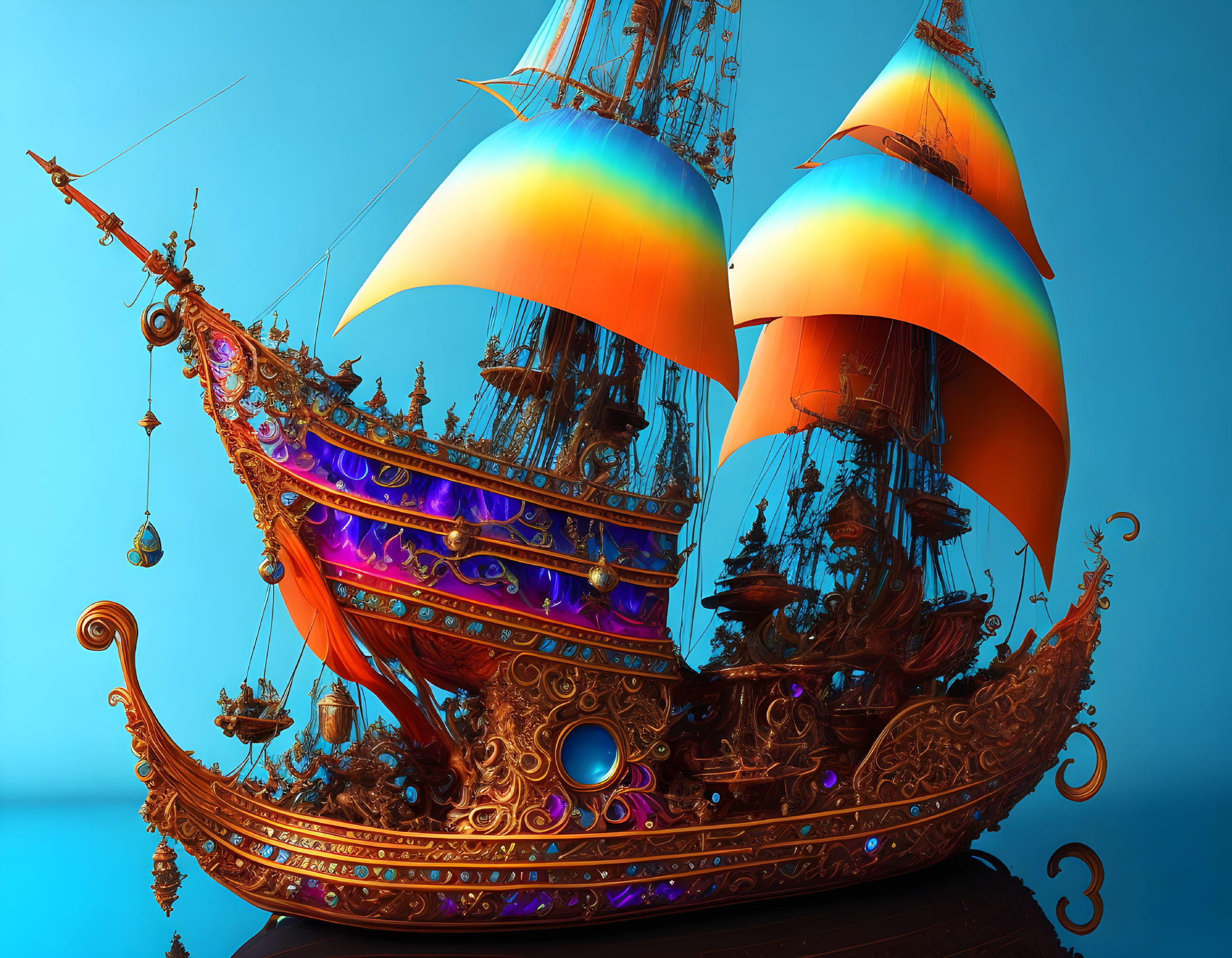 Colorful digital artwork: Fantastical ship with vibrant sails
