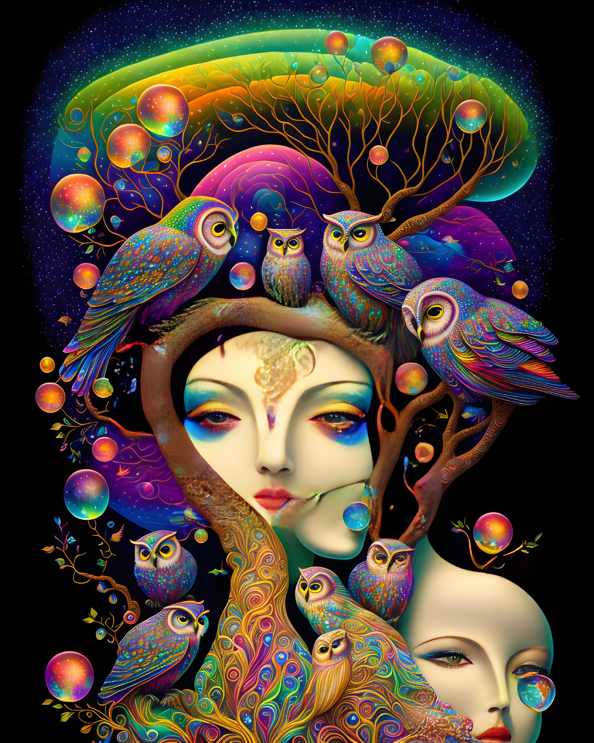 Psychedelic owl family in woman’s hair