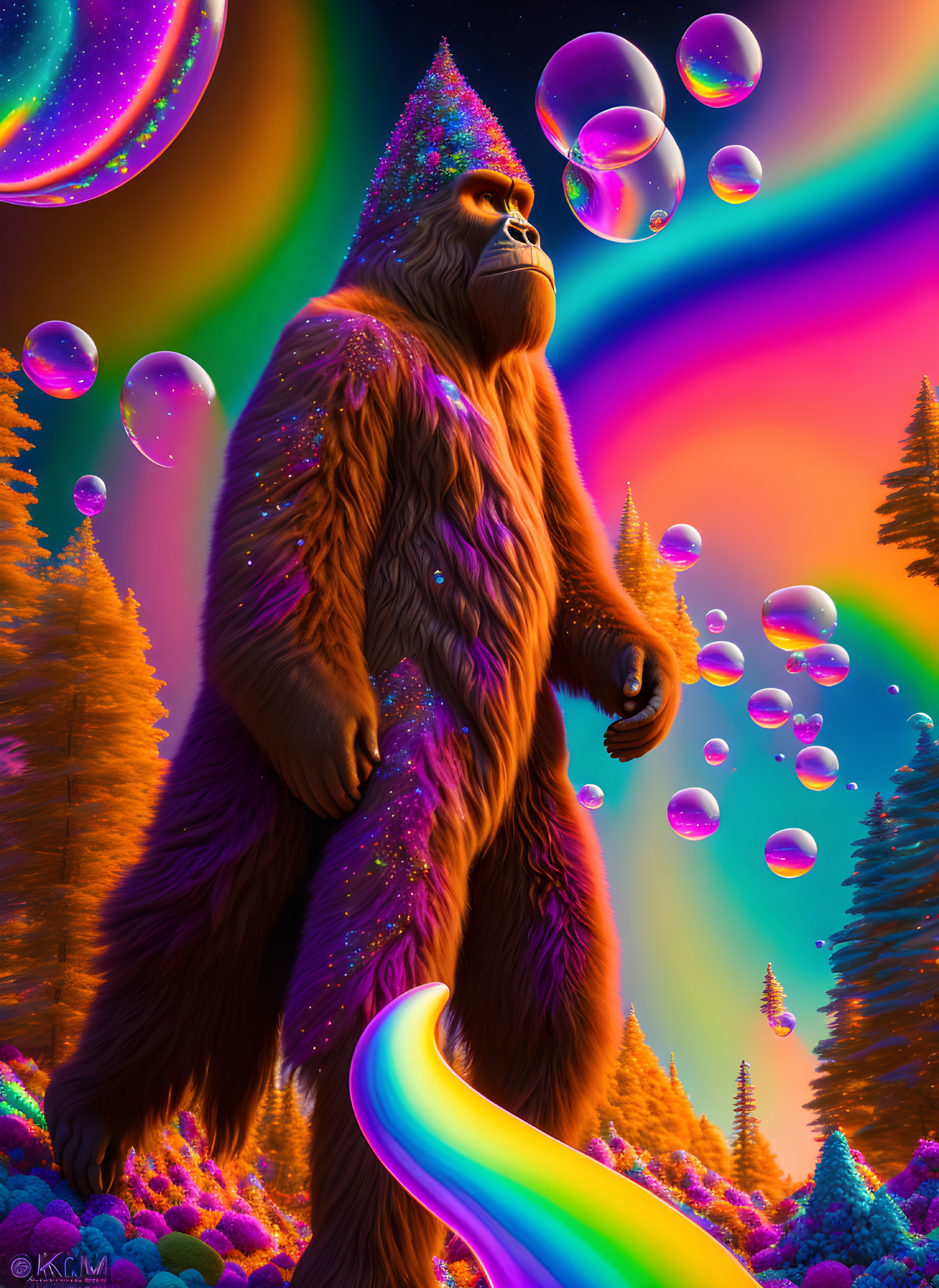 Bigfoot walking through psychedelic space 