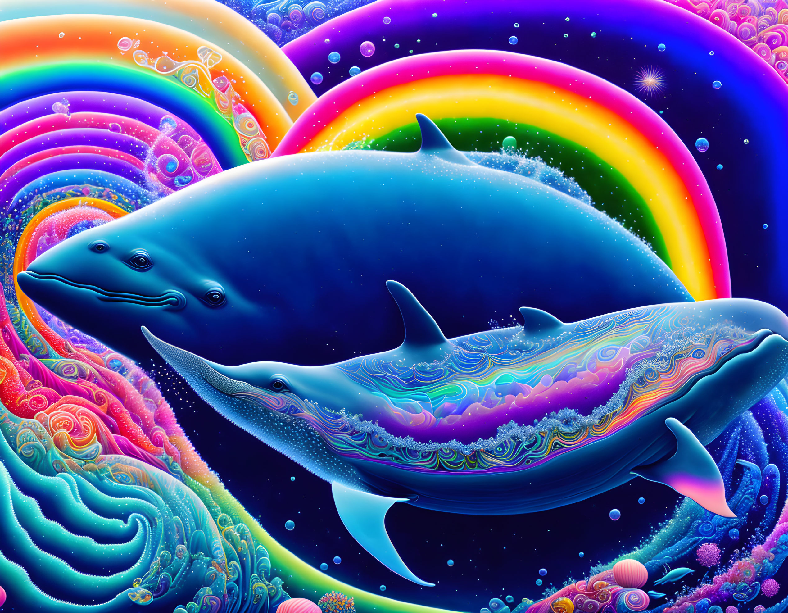 Mix of orca, dolphin and beluga in psychedelic 
