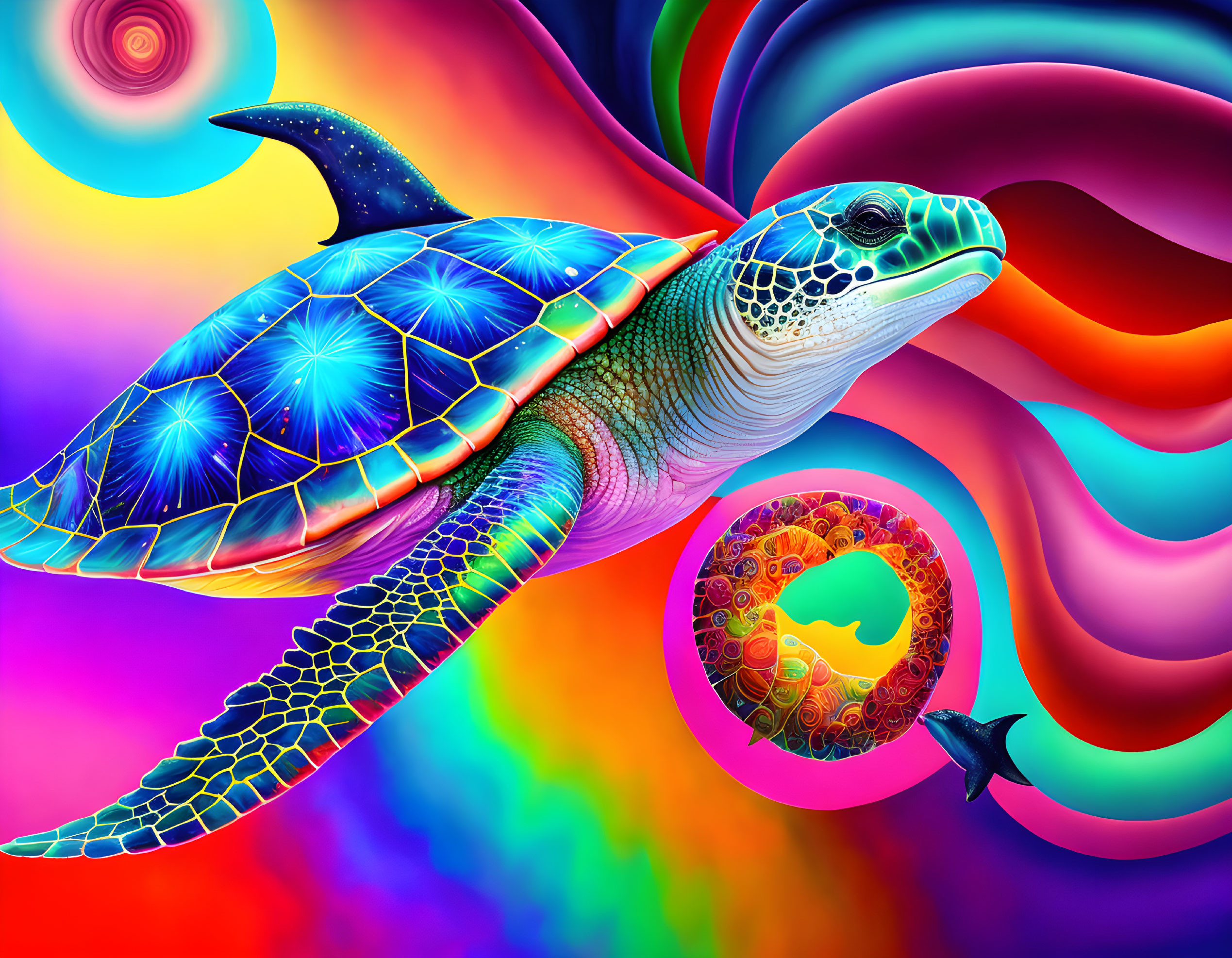 Psychedelic Sea turtle and dolphin