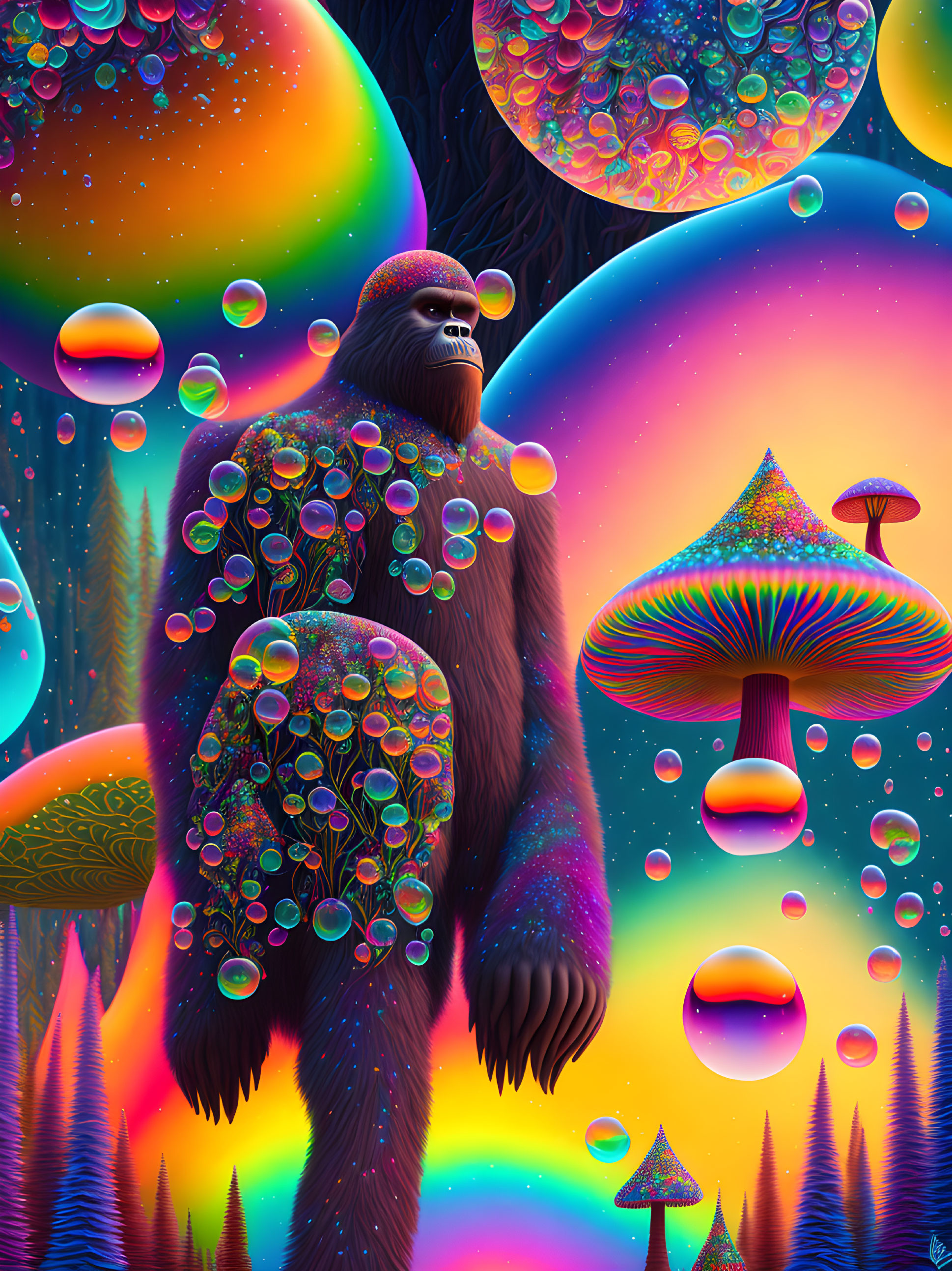 Bigfoot in a psychedelic forest