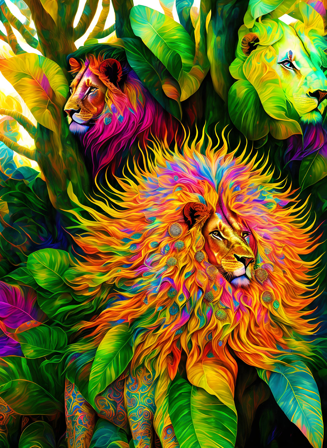 Psychedelic lions in the jungle